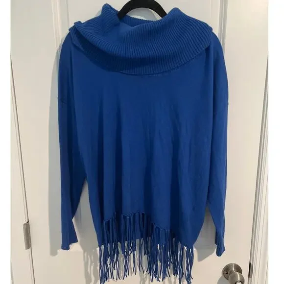 Michael Kors Long Sleeve Drape Cowl Neck Fringe Hem Knit Sweater Blue Women's 0X - Picture 2 of 7